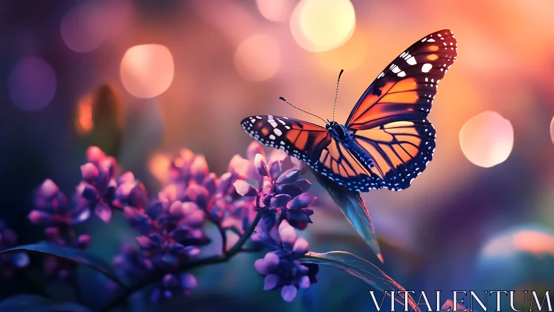 Orange butterfly over purple flowers in glowing sunset field.