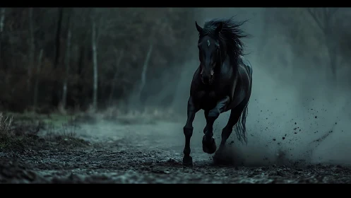 Black horse running on muddy forest track at dusk.