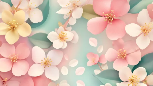 Layered Digital Floral Composition with Soft Color Gradients and Metallic Stamens