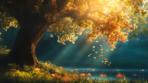 Sunlit blossom tree by a dreamy riverside at golden hour.