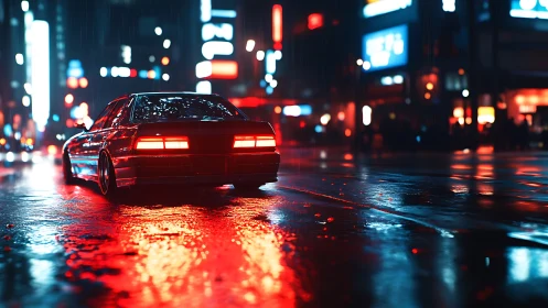 Sports car slices through neon city rain at night street