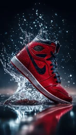 Red athletic sneaker impacting water with splash dynamics.