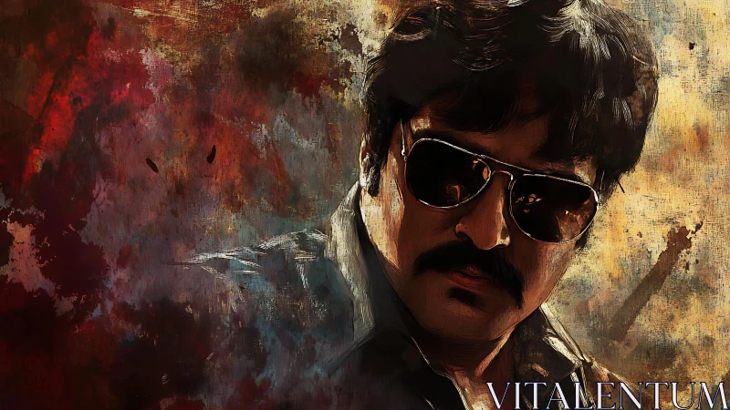 Textured digital portrait of man with sunglasses in grunge palette