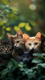 Four Cats Among Verdant Foliage with Selective Focus Bokeh