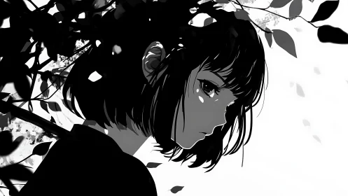 High contrast monochrome anime portrait integrates silhouetted foliage