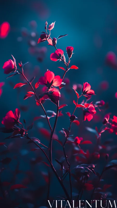 Glowing Crimson Blooms in Twilight Blue.