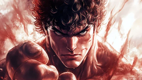 Fierce anime fighter glares forward amid swirling crimson energy