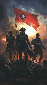 Revolutionary officers advance beneath torn crimson war banner.