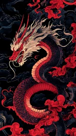 Coiled red dragon is rendered against dark clouds in profile