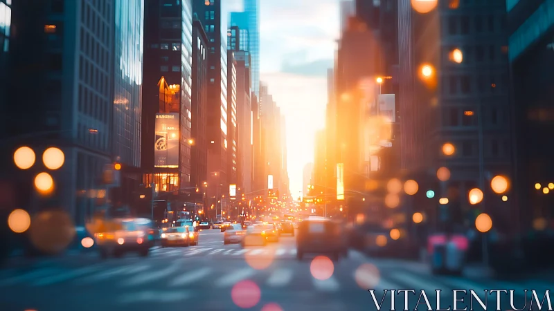 Urban sunset corridor with bokeh-bleed traffic dynamics.