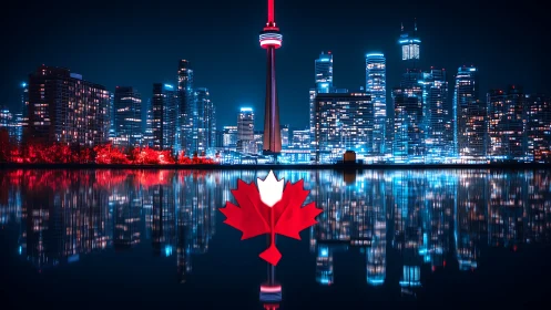 Glowing Canadian city skyline reflected in calm night water.