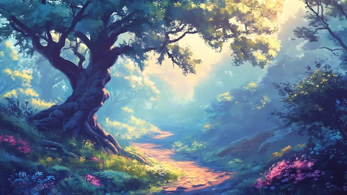Enchanted Forest Path Where Golden Light Dances.