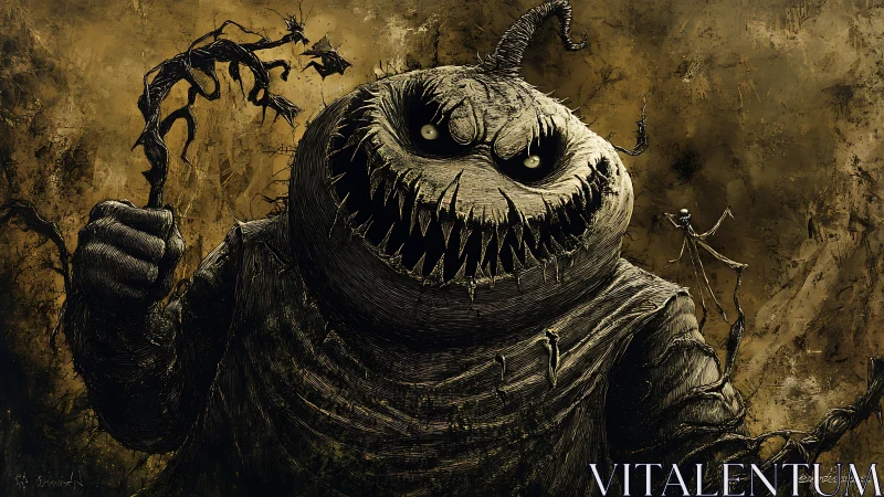 Grotesque burlap monster looming in decayed sepia void.