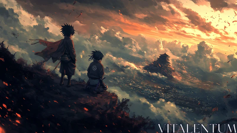 Stormlit ninja brothers watching a drifting sky temple.