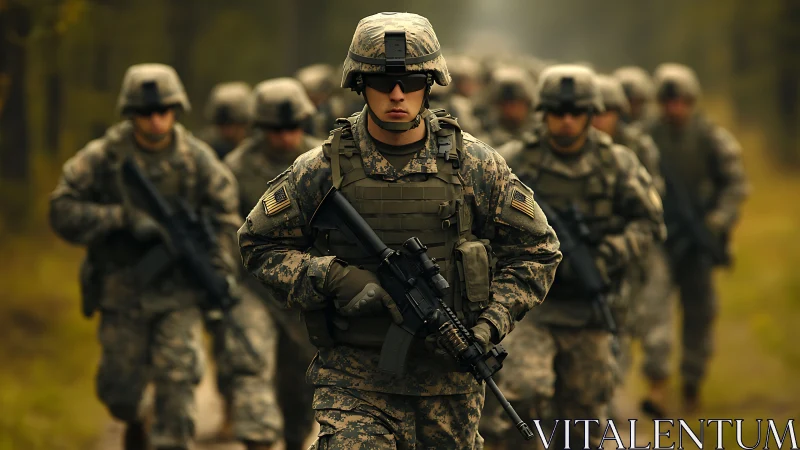 Focused soldiers on forest trail during tactical training.