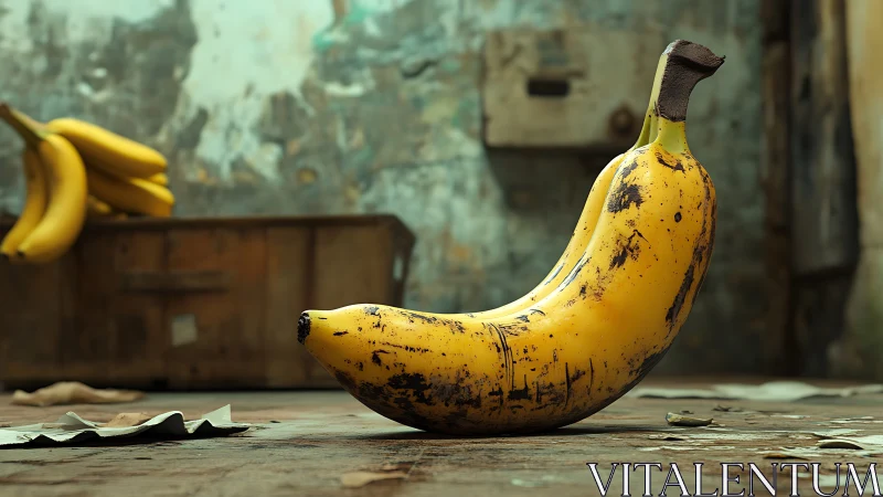 Photorealistic still life of a single banana on rustic floor.