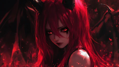 Ember-eyed demon girl brooding in scarlet emberscape.
