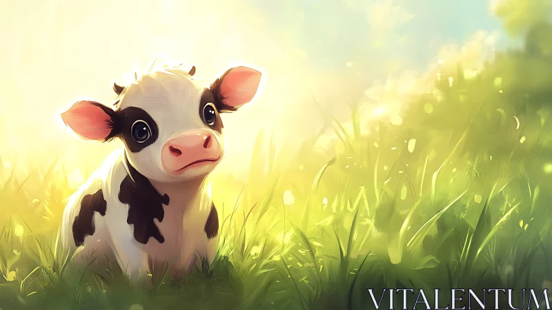 Gentle baby calf rests in golden sunlit meadow grass