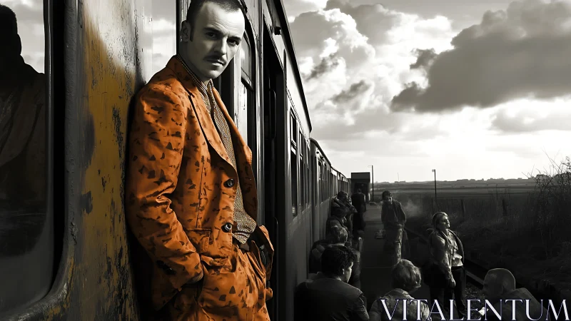 Orange suited man leaning on train in rural station tableau.