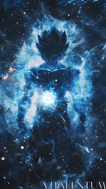 Blazing blue warrior gathers cosmic power in glowing storm