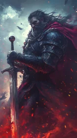 Storm-blooded warlord standing solemn in emberlit armor.