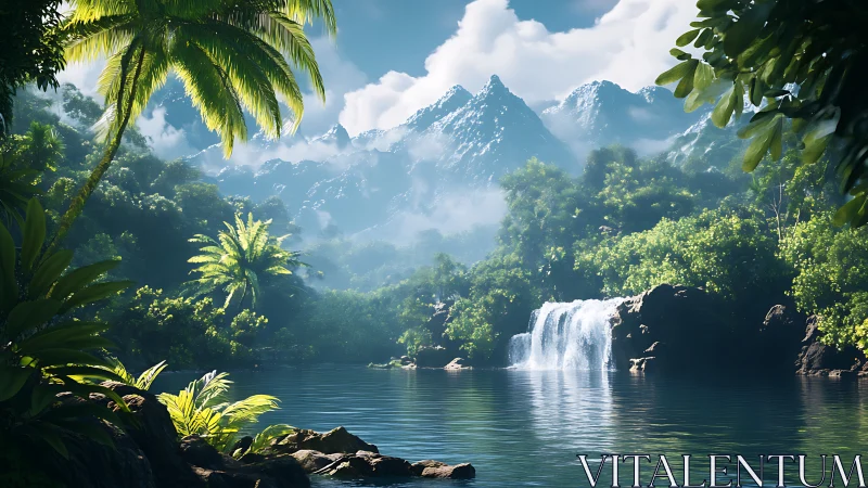 Sunlit tropical waterfall rests beneath misty jungle peaks