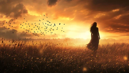 Silhouetted figure stands in backlit field under dense sunset sky