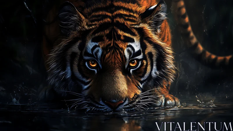 Tiger drinking at water surface under low light conditions.