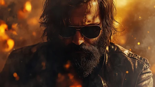 Bearded man in sunglasses against fiery orange haze.