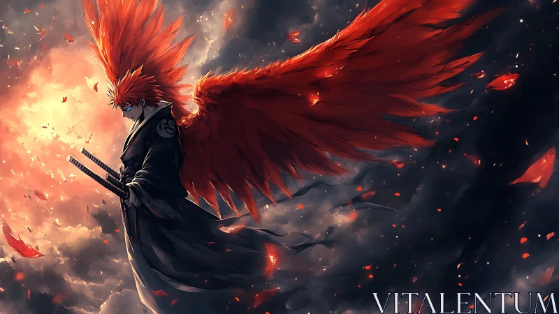 Volcanic-winged swordsman in turbulent atmospheric vortex.