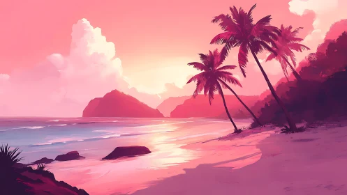 Tropical Sunset Beach Landscape. Pink Gradient Sky Dominates Serene Seascape.