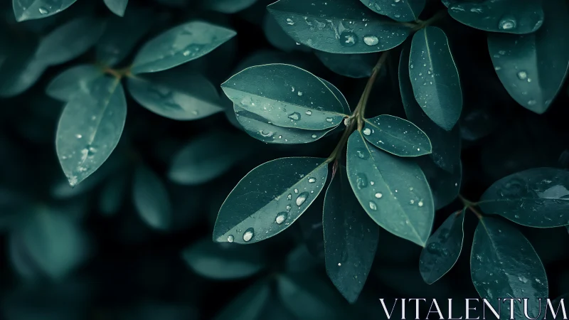 Moody close-up of dark green leaves with rain droplets.