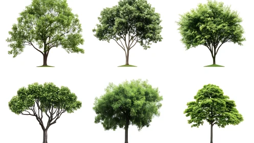 Diverse deciduous trees isolated on clean white background.