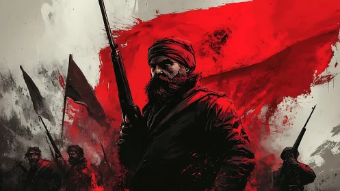 Bearded militant stands before red flag in stylized battle scene