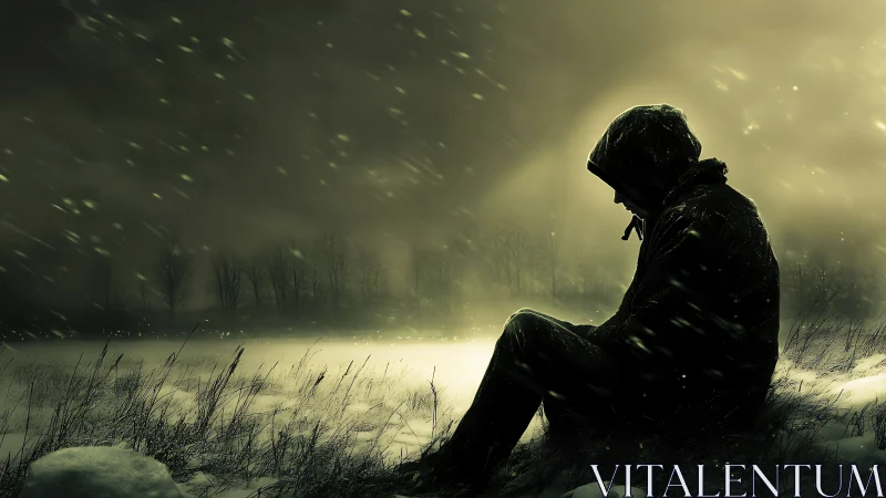 Solitary hooded figure seated in a cold winter storm.