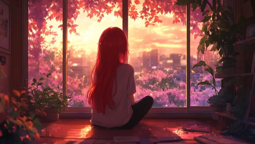 Chromatic sunset observatory with introspective anime figure.