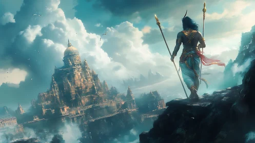 Skyborne warrior gazes upon a mist-drowned celestial citadel.