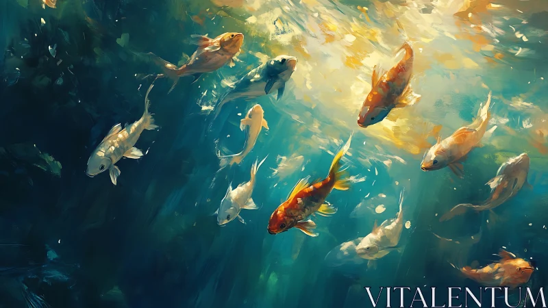 Koi fish group viewed underwater amid diffused sunlight.