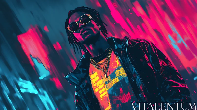 Neon drenched street icon strides through electric night.