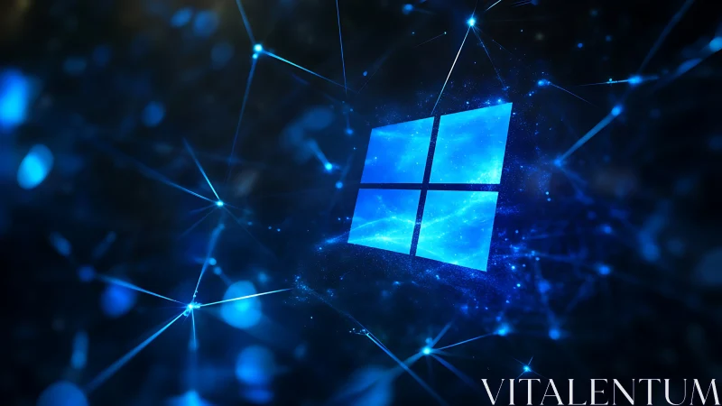 Windows logo in blue digital network environment.
