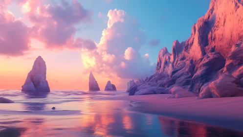 Cotton-candy cliffs glow while pastel waves quietly rehearse