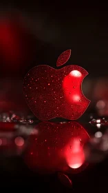 Red glass emblem with specular droplets and mirrored reflection.