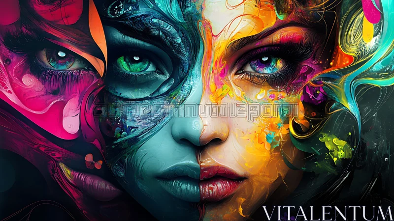 Symmetrical female face rendered with divided chromatic regions