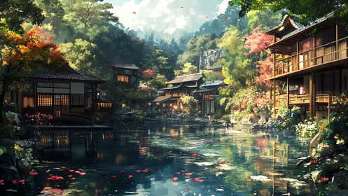 Tranquil Japanese riverside village bathed in gentle sunlight.