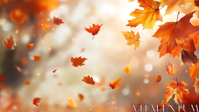 Leaves tumble like quiet fire through a sunlit autumn haze