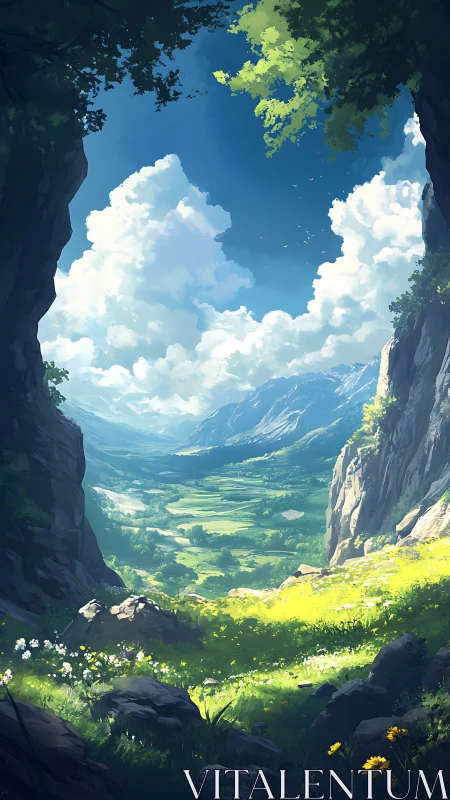 Sunlit alpine valley framed by towering rocky cliffs.