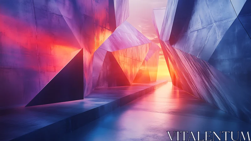 Geometric metallic canyon channels vivid sunset reflections