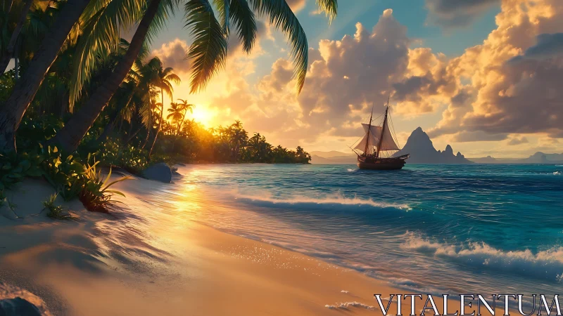 Tropical Paradise at Golden Hour: Sailboat Ancored Near Palm Shore.