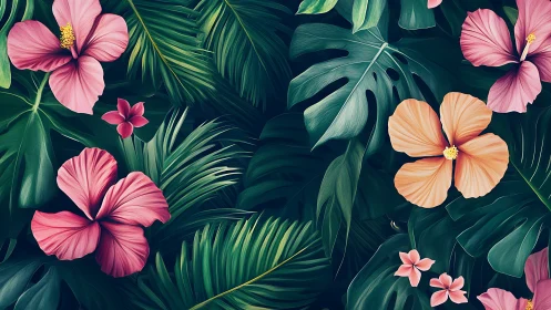 Tropical Floral Garden with Pink and Peach Flowers.