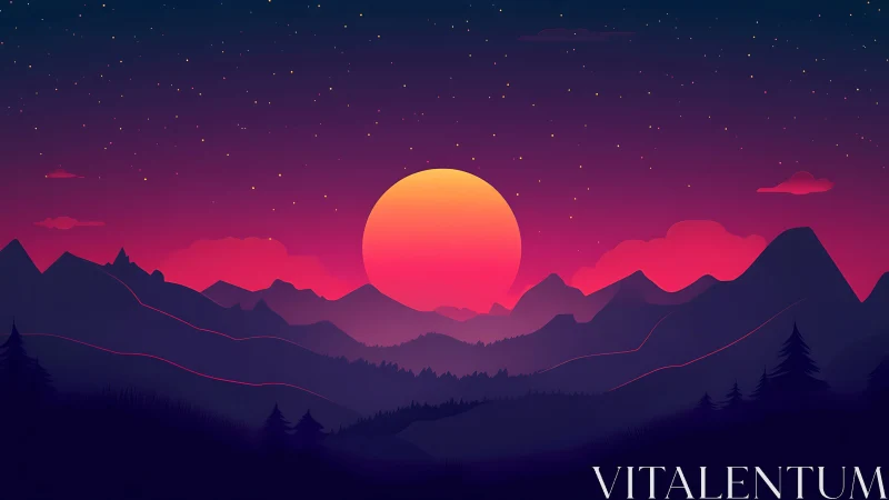Neon gradient sunset over stylized mountain silhouettes in layers